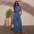 Damen Lässiges Oversized Jeans-Set mit geknotetem Oberteil und weiten Beinen