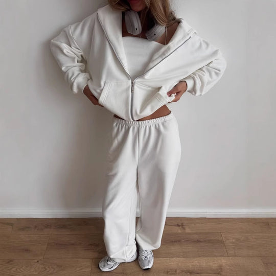 Damen Baumwoll-Fleece Lounge-Set mit Oversize-Zip-Hoodie und Palazzo-Sweatpants Shop Nory