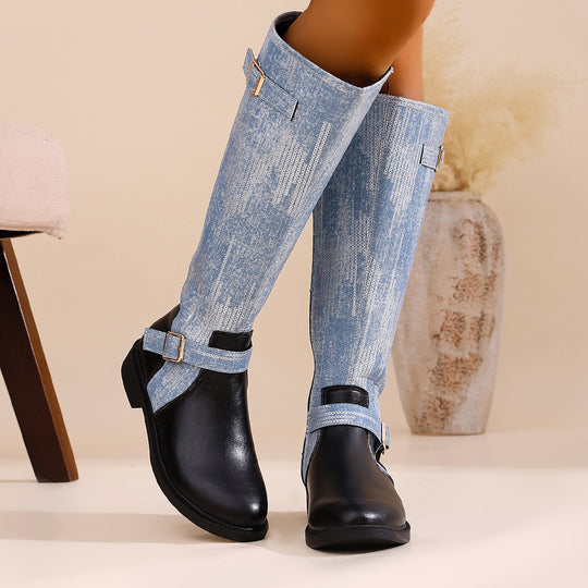 Damen Kniehohe Western‑Stiefel mit Denim‑Schaft und verstellbaren Schnallenriemen Shop Nory