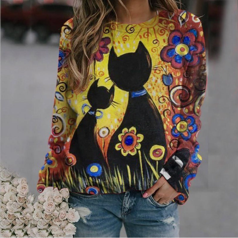 Damen Oversized-Sweatshirt mit künstlerischem Katzen-Print und floraler Musterung Shop Nory