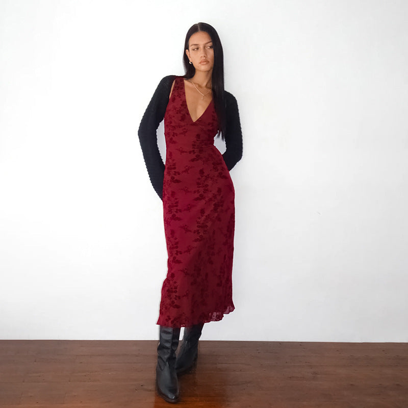 Damen Maxikleid mit floralem Spitzenmuster und tiefem V-Ausschnitt