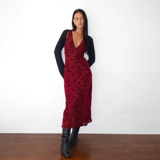 Damen Maxikleid mit floralem Spitzenmuster und tiefem V-Ausschnitt