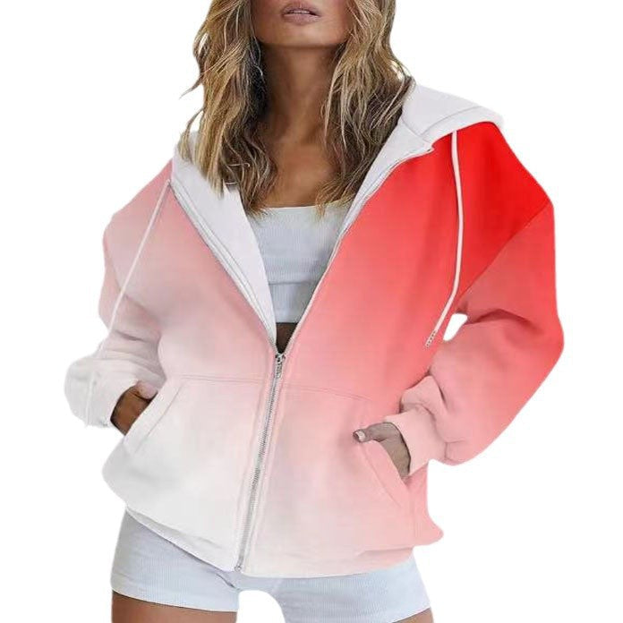 Damen Oversized Kapuzenjacke mit Farbverlauf und Praktischen Taschen Shopnory