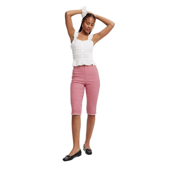 Damen luftiges Rüschentop mit Spitzenakzenten und karierter Hose
