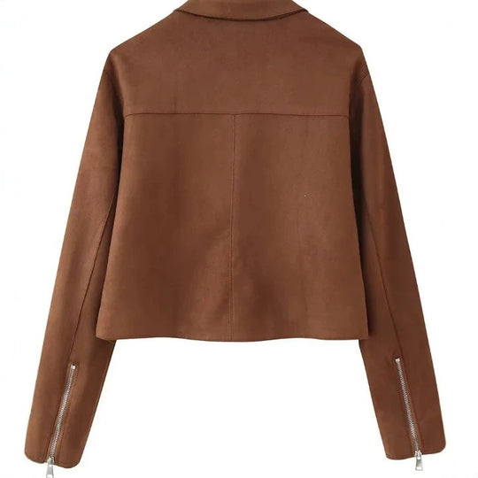 Damen Gekürzte Velourslederjacke mit Hemdkragen, durchgehendem Metallreißverschluss und Zipper-Taschen Shop Nory