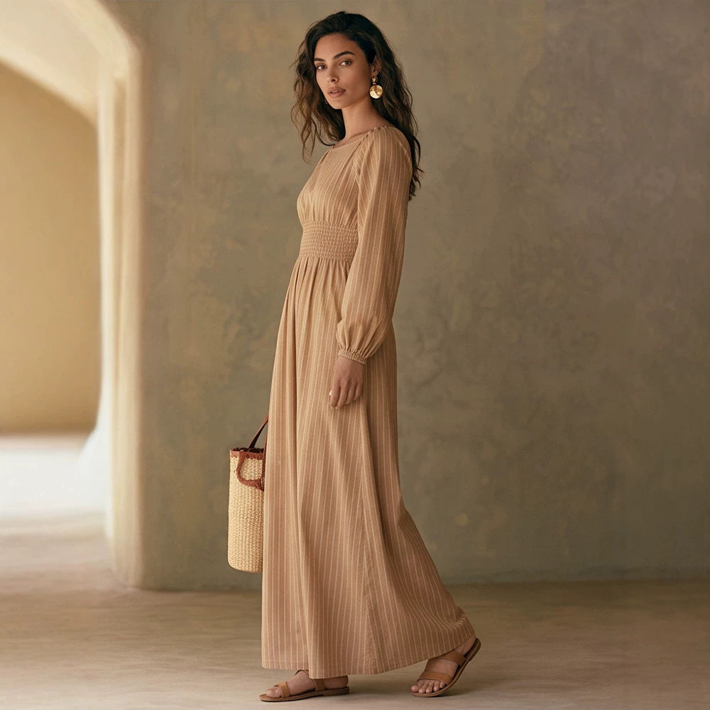 Damen Maxikleid mit Smok-Taillenband, Quadrat-Ausschnitt und langen Ballonärmeln Shop Nory