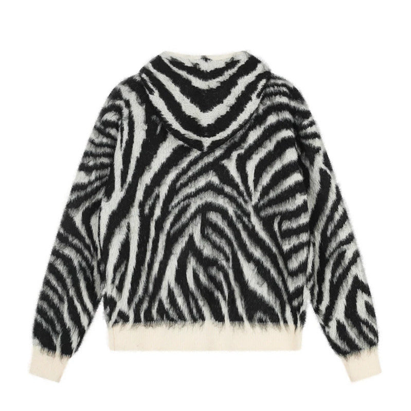 Damen Flauschige Zip-Kapuzen-Strickjacke mit Zebra-Jacquard und Kängurutasche Shop Nory