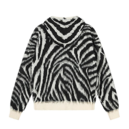 Damen Flauschige Zip-Kapuzen-Strickjacke mit Zebra-Jacquard und Kängurutasche Shop Nory
