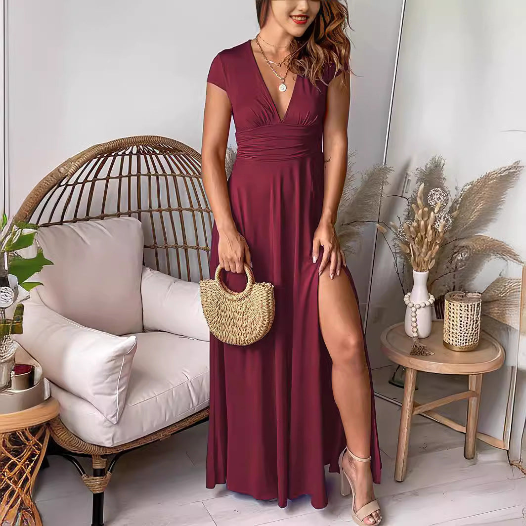 Damen Elegantes Maxikleid mit V-Ausschnitt und hohem Beinschlitz