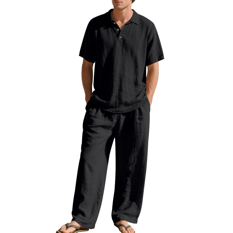 Herren nan luftiges Leinen-Ensemble mit Polokragen und regulierbarer Bundhose