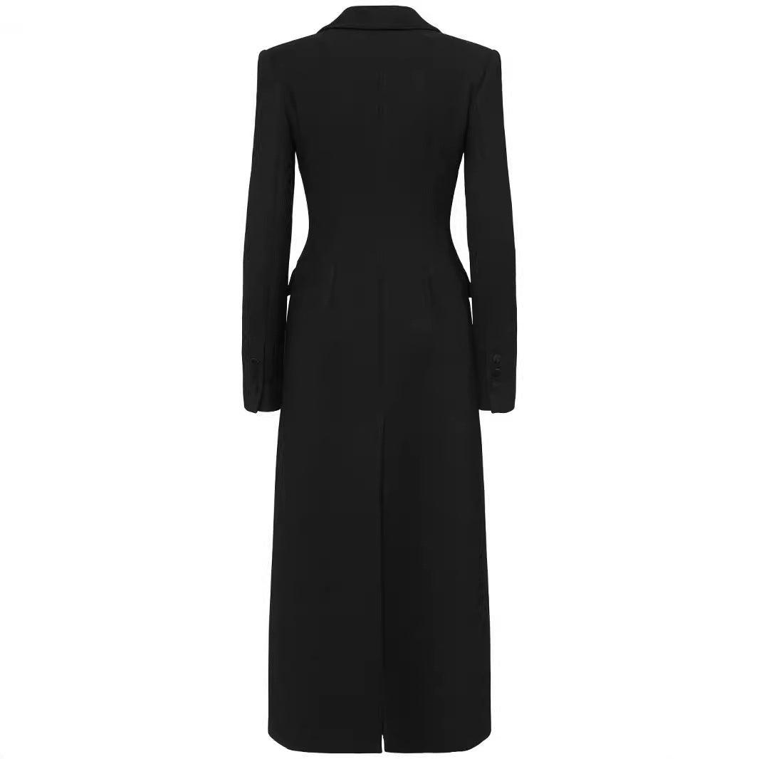 Damen Doppelreihiges tailliertes Blazerkleid mit Maxi‑Länge und Pattentaschen Shop Nory
