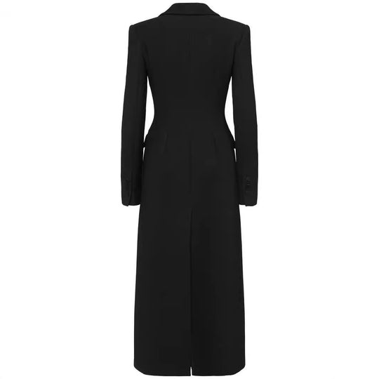 Damen Doppelreihiges tailliertes Blazerkleid mit Maxi‑Länge und Pattentaschen Shop Nory