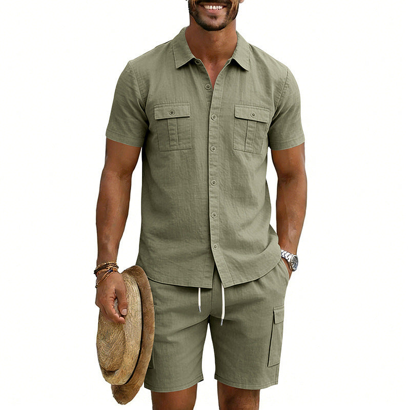 Herren nan sommerliches Freizeitset aus Baumwoll-Leinenmix mit Kurzarm-Hemd und Cargo-Shorts