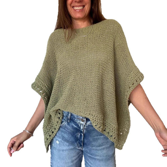 Damen Leichtes Oversize Strickponcho mit Häkelkante Shop Nory