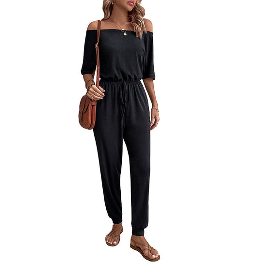 Damen Schulterfreier Lässiger Overall mit Tunnelzugbund und langen Hosenbeinen Shop Nory
