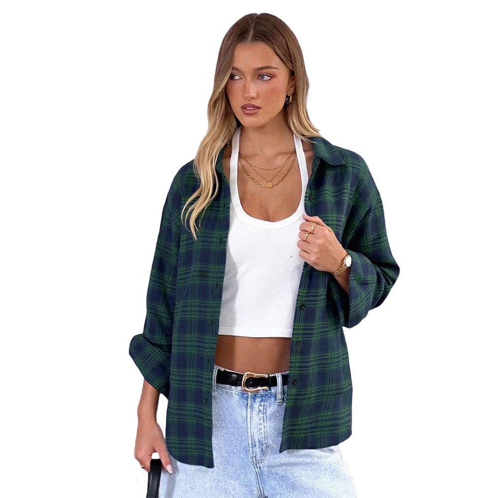 Damen oversized Karo-Hemdjacke mit fallendem Saum und geknöpften Manschetten Shop Nory