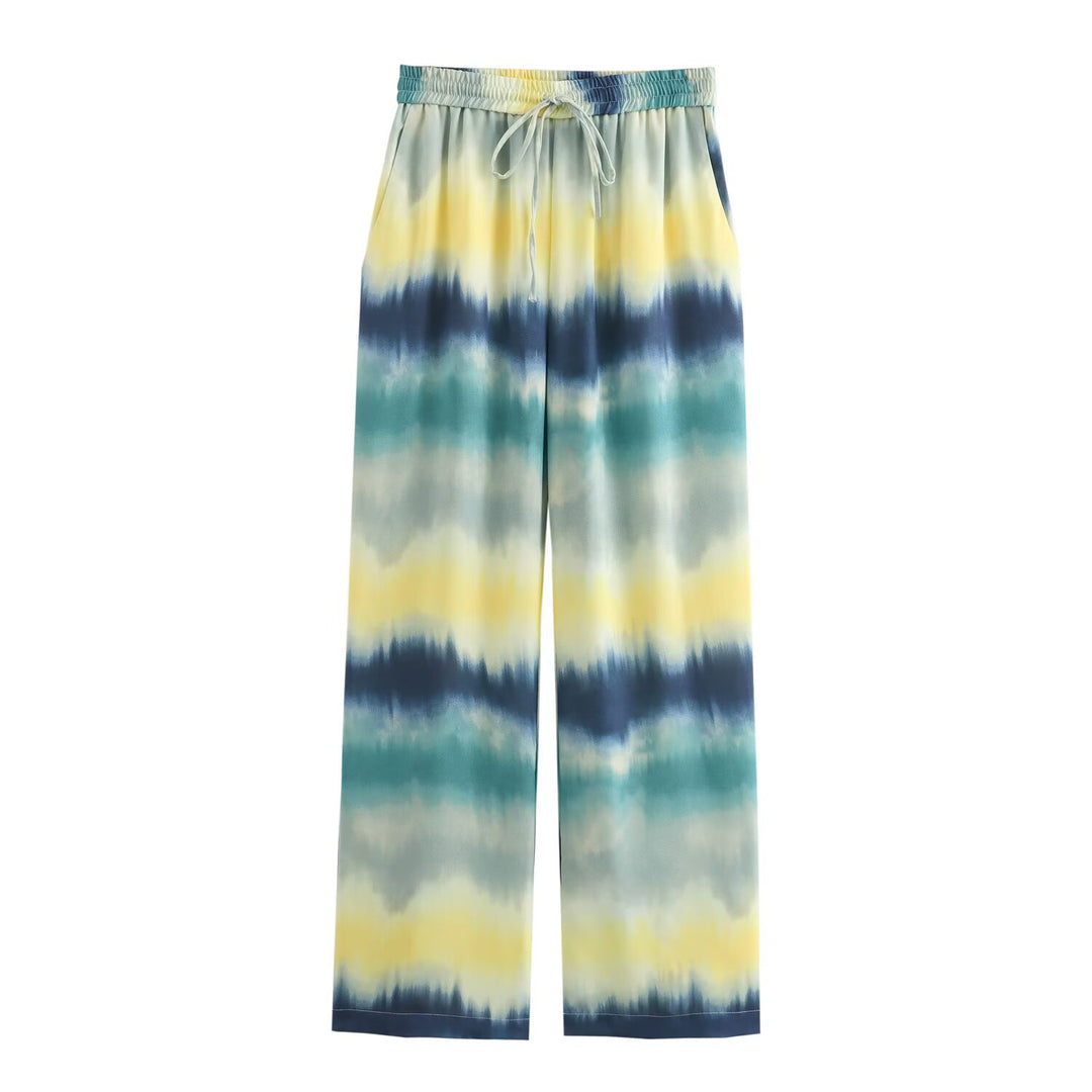 Damen Weite Palazzo-Loungehose mit Elastikbund, Tunnelzug und Aquarell‑Print Shop Nory