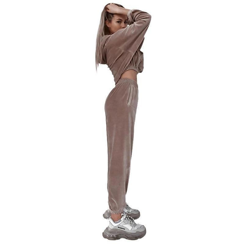 Damen Samt-Cropped-Loungewear-Set mit Kapuzenpullover und elastischer High-Waist-Jogginghose Shop Nory