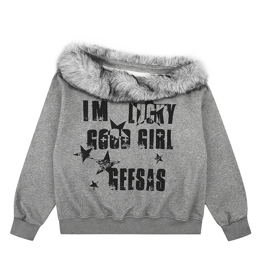 Damen Off-Shoulder Oversize-Sweatshirt mit kuscheligem Faux-Fur-Kragen und distressed Stern-Print Shop Nory