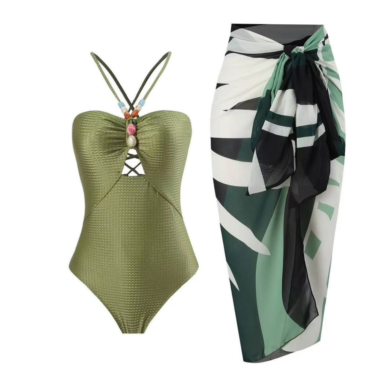 Damen Badeanzug mit elegantem Wickelrock und modischen Schmuckdetails