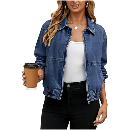 Damen Leichte Cropped-Jeansjacke mit Gummibündchen und Reißverschluss Shop Nory