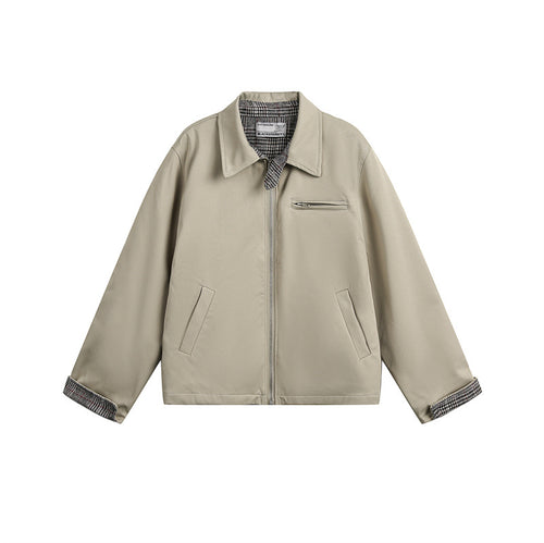 Unisex Kurz geschnittene Boxy-Blousonjacke mit karierter Innenfütterung und Brustzippertasche Shop Nory