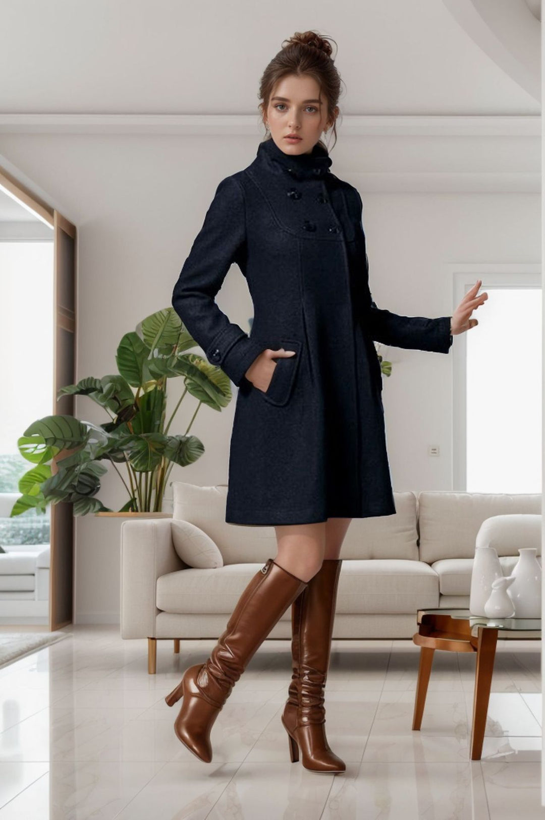 Damen A‑Linien Wollmix‑Mantel mit hoher Kapuze und Doppelknopfleiste Shop Nory