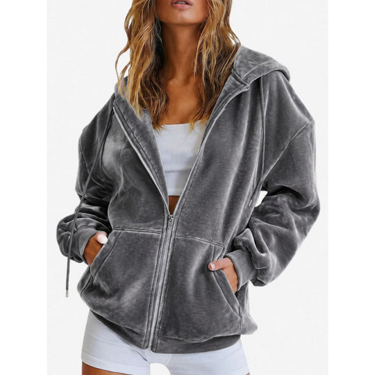 Damen Oversize Velours-Kapuzenjacke mit Reißverschluss Shop Nory