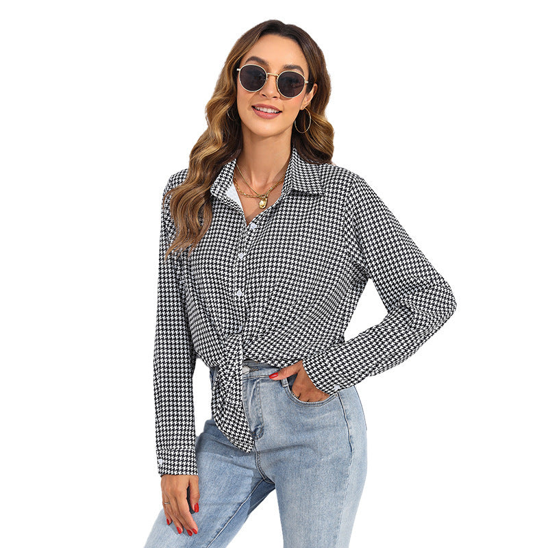 Damen nan geknotete Hahnentritt-Bluse mit Hemdkragen und durchgehender Knopfleiste Shop Nory