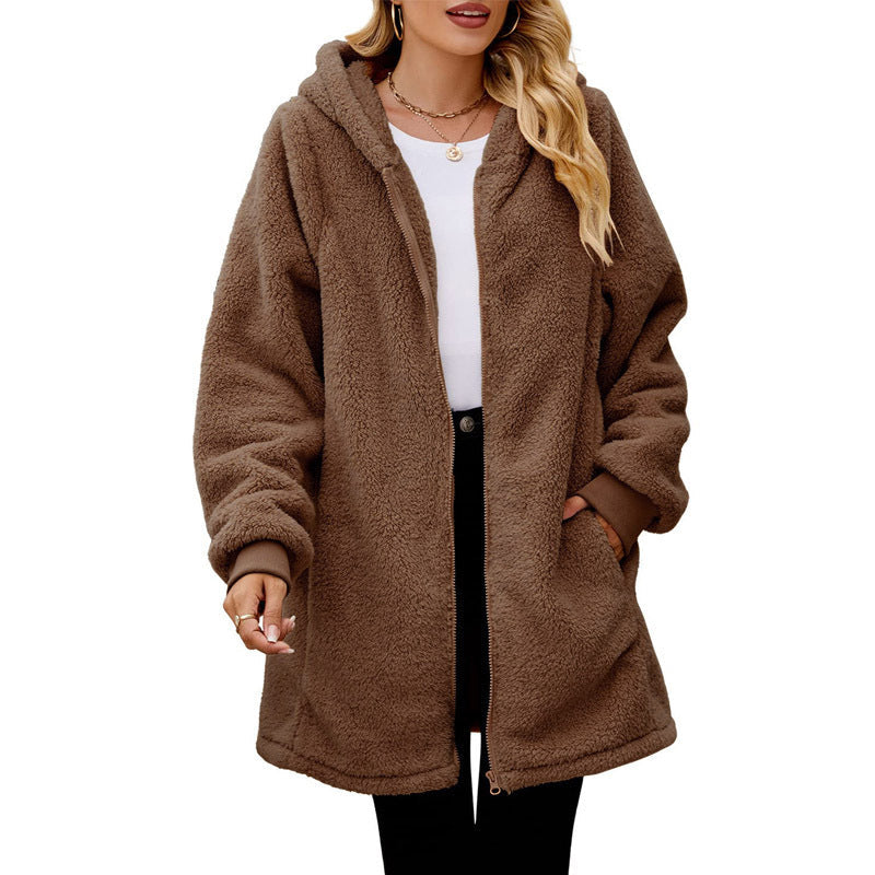 Damen kuschelige Fleecejacke mit Kapuze und Reißverschluss
