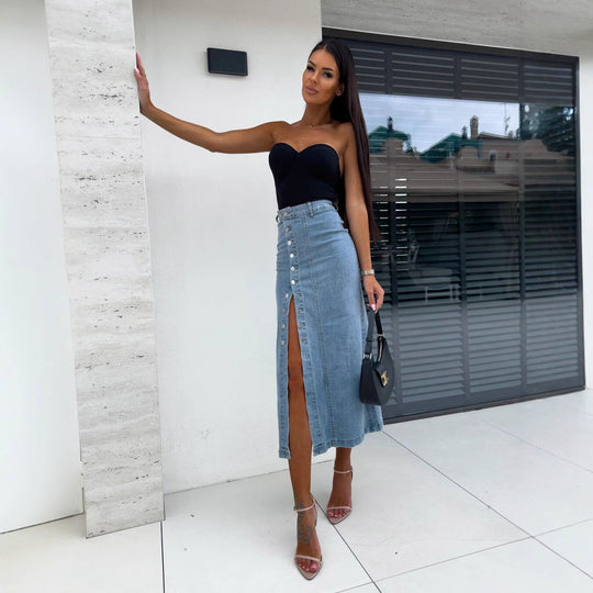Damen Midi-Rock mit seitlichem Schlitz und Knopfdetail