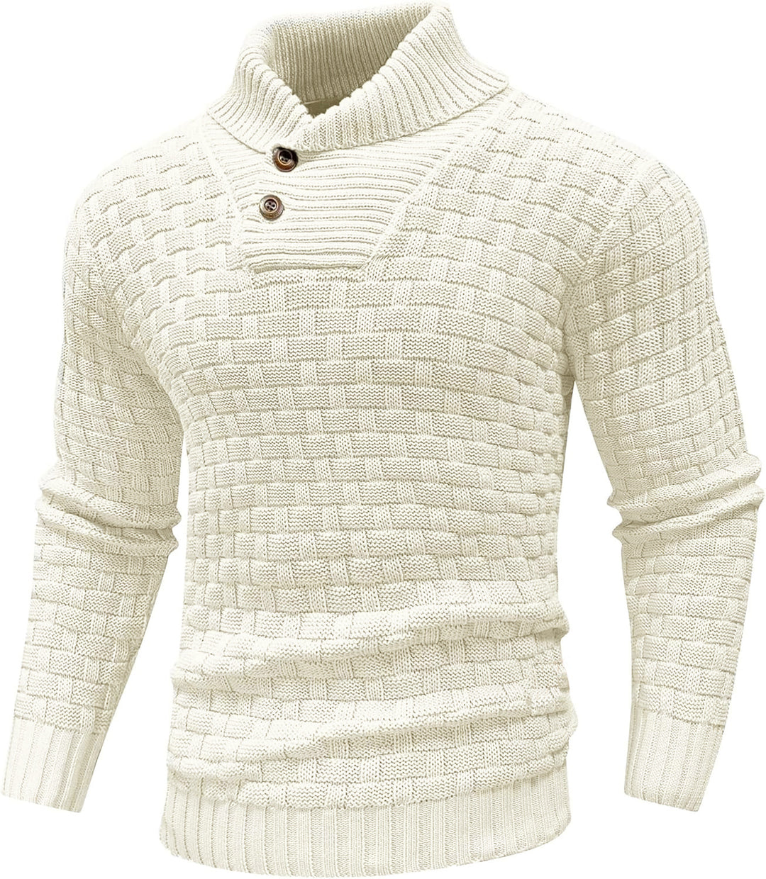 Herren Grobgestrickter Pullover mit hohem Rollkragen, Knopfleiste und Körbchenstrick Shop Nory