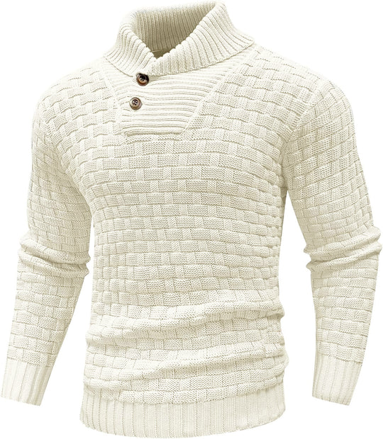 Herren Grobgestrickter Pullover mit hohem Rollkragen, Knopfleiste und Körbchenstrick Shop Nory