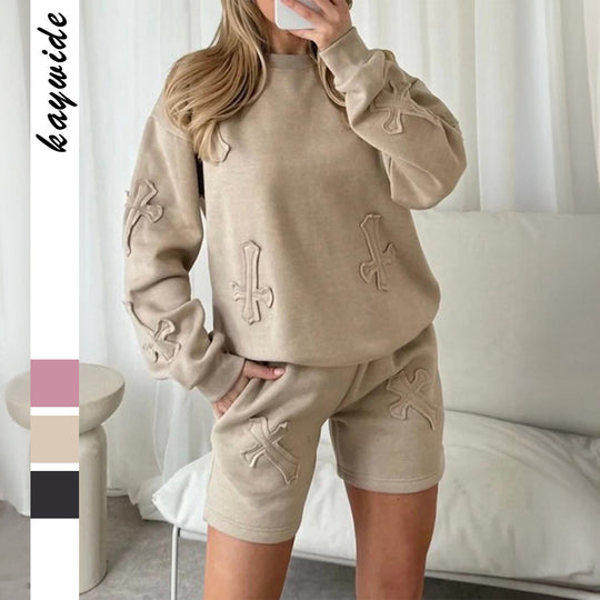 Damen nan lässiges Sweatshirt- und Short-Set mit dekorativen Schleifen-Applikationen, hohem Rundhalsausschnitt und Tunnelzugbund Shop Nory