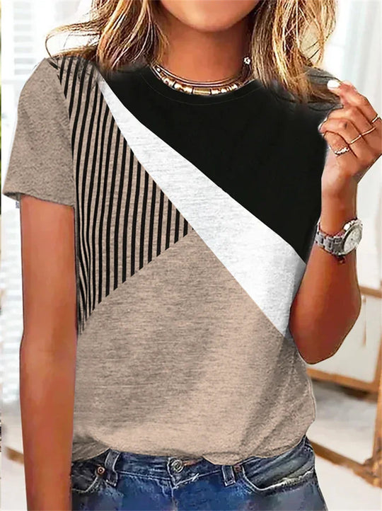 Damen Farbblock Langarmshirt mit schrägem Streifenmuster und Rundhalsausschnitt Shop Nory