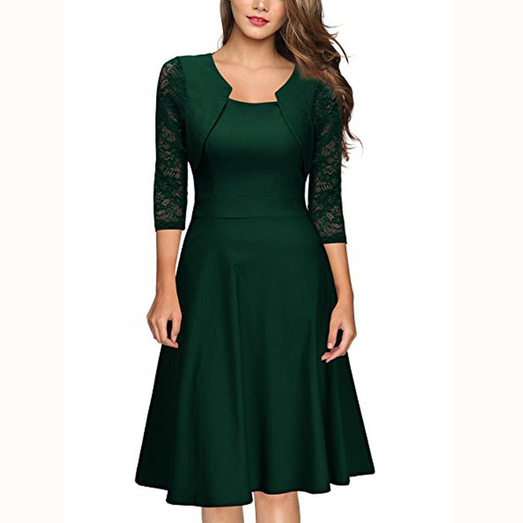 Damen Midi-Kleid mit Spitzenärmeln und schwingendem Rock