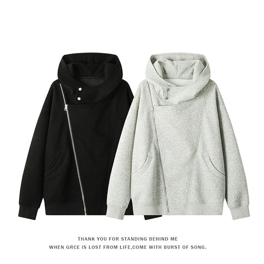 Damen asymmetrischer Kapuzenpullover mit hohem Kragen, diagonalem Reißverschluss und Kängurutaschen Shop Nory