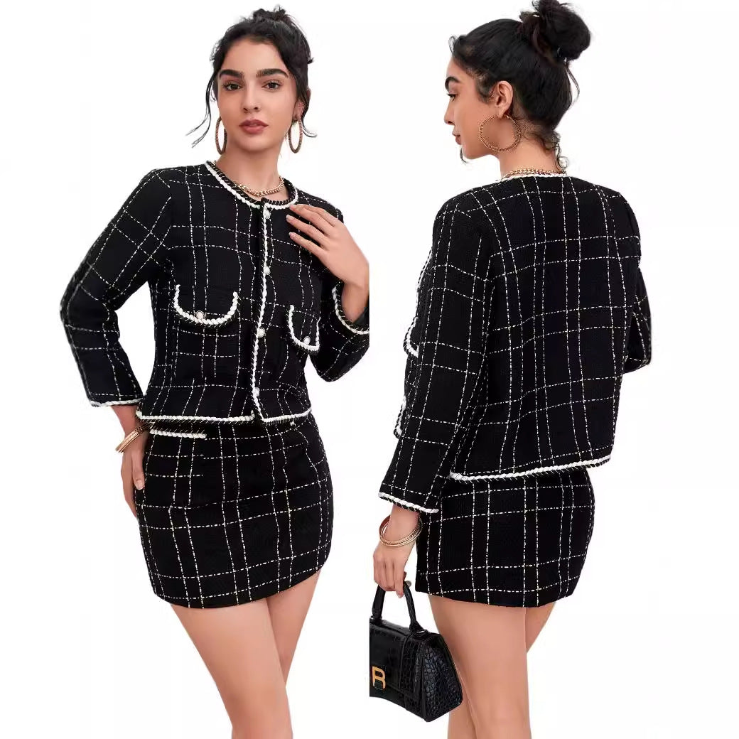 Damen Zweiteiliges Bouclé-Blazer-Set mit Zierstreifen und tailliertem Minirock Shop Nory