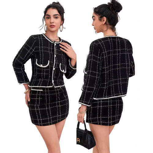 Damen Zweiteiliges Bouclé-Blazer-Set mit Zierstreifen und tailliertem Minirock Shop Nory