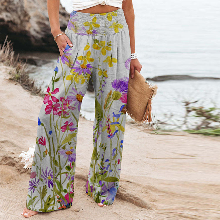 Damen Palazzo-Hose mit floralem Motiv und elastischem Bund