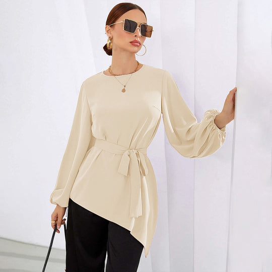 Damen asymmetrische Tunika-Bluse mit Ballonärmeln und Taillengürtel Shop Nory