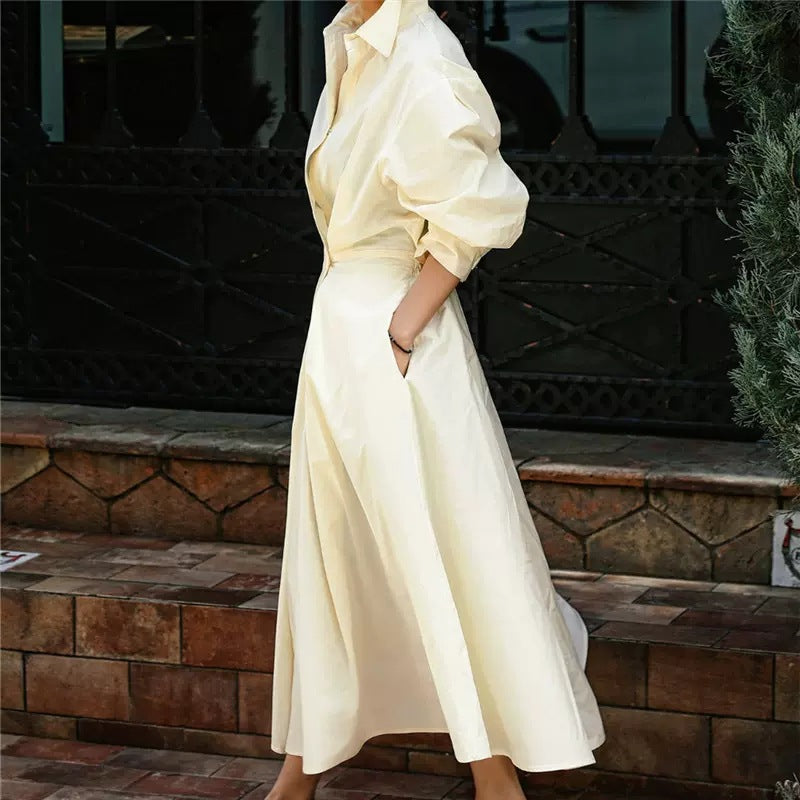 Damen Hemdblusen‑Maxikleid mit taillierter Blouson‑Silhouette, Glockenrock und verdeckten Eingrifftaschen Shop Nory