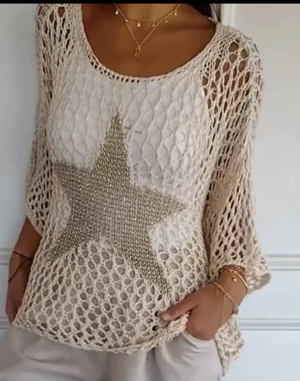 Damen nan oversized gehäkelter Pullover mit Sternapplikation und 3/4-Ärmeln Shop Nory