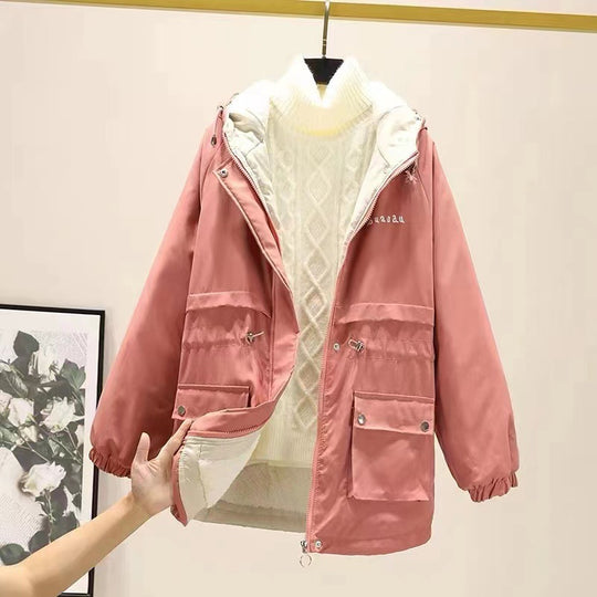 Damen gefütterte Parka-Jacke mit Kapuze und verstellbarem Taillenzug Shop Nory