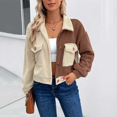 Damen Gekürzte Teddyjacke mit farbblockierten Ärmeln und Brusttaschen Shop Nory