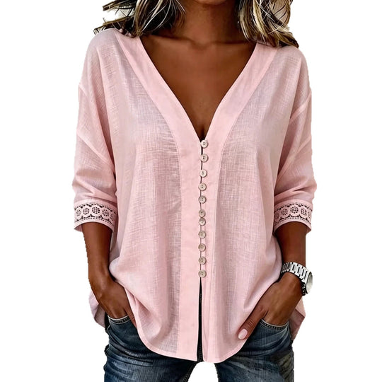 Damen Leichte V-Ausschnitt-Bluse mit Zierknopfleiste und Häkelspitzenärmeln Shop Nory