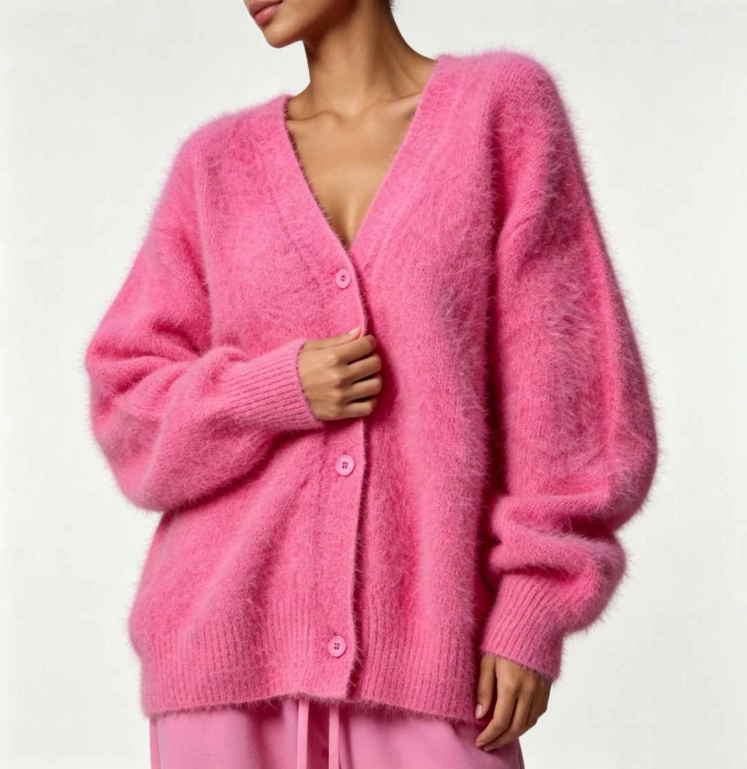 Damen Kuscheliger Oversize-Cardigan aus Teddy-Strick mit tiefem V-Ausschnitt Shop Nory