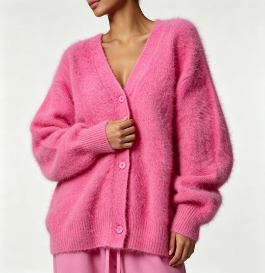 Damen Kuscheliger Oversize-Cardigan aus Teddy-Strick mit tiefem V-Ausschnitt Shop Nory