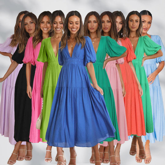 Damen Maxikleid mit weiten Puffärmeln und elastischem Taillenzug