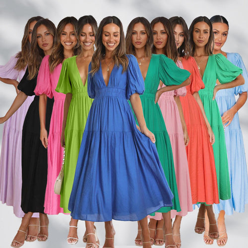 Damen Maxikleid mit weiten Puffärmeln und elastischem Taillenzug